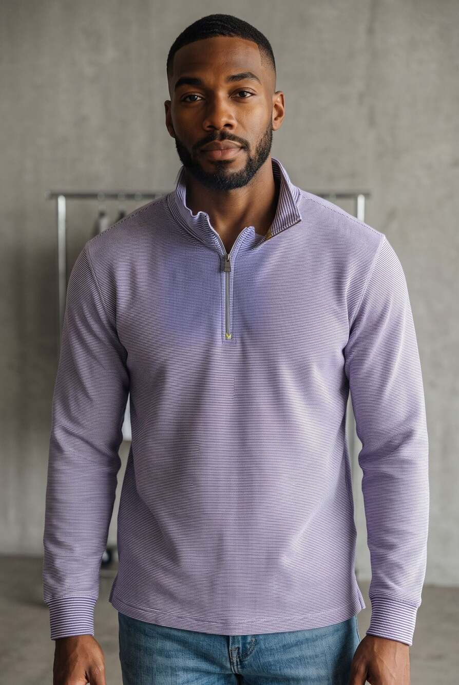 Robert Graham Purple White Striped Waffle Knit Quarter Zip Pullover XL